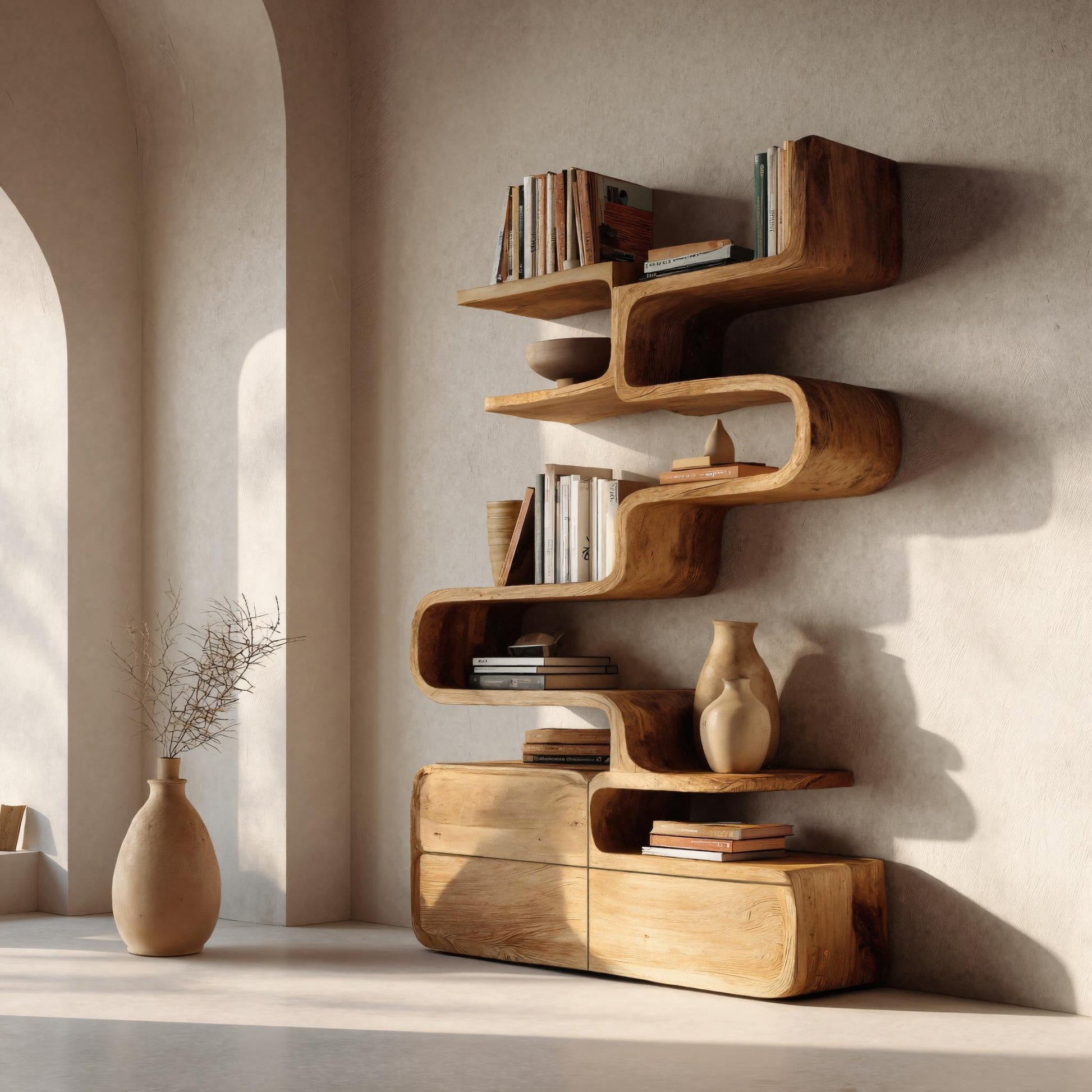 Scandinavian Sculptural Wooden Bookshelf With Organic Shape For Living Room Lynnsnail