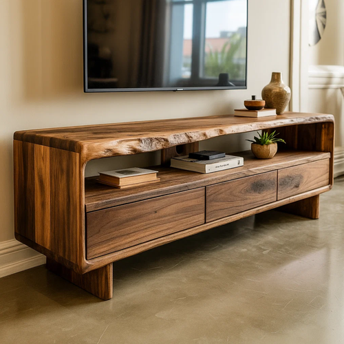 Handcrafted Solid Wood TV Stand with Sculpted Live Edge Walnut Top and Curved Design