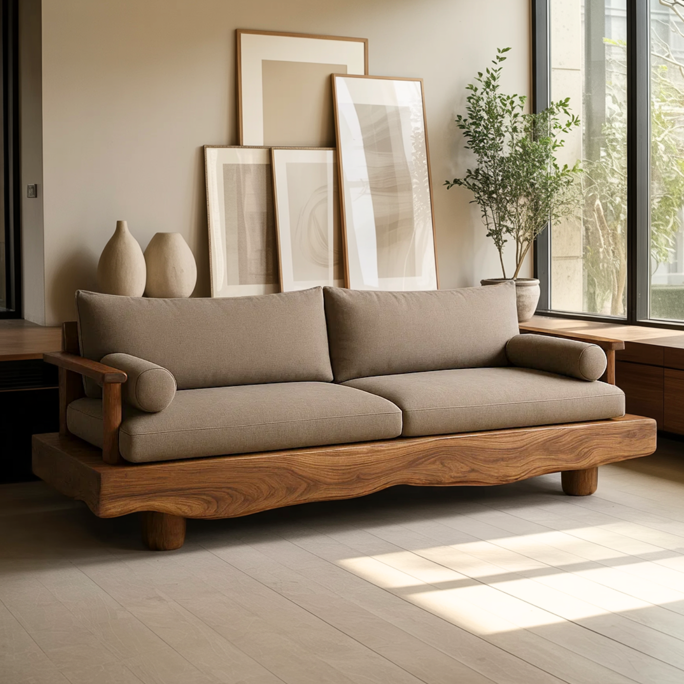 Handcrafted Solid Wood Sofa – Rustic Live Edge Wood Couch with Modern Minimalist Cushion Design Lynnsnail