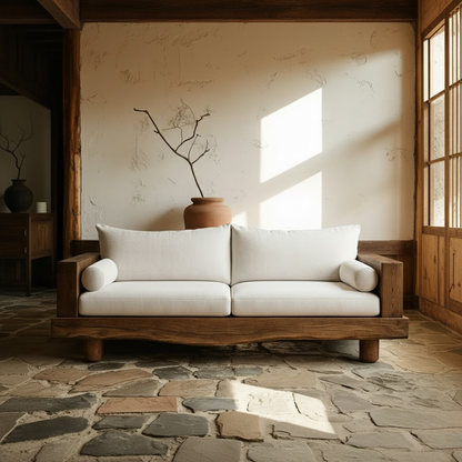 Handcrafted Solid Wood Sofa – Rustic Live Edge Wood Couch with Minimalist Linen Cushions