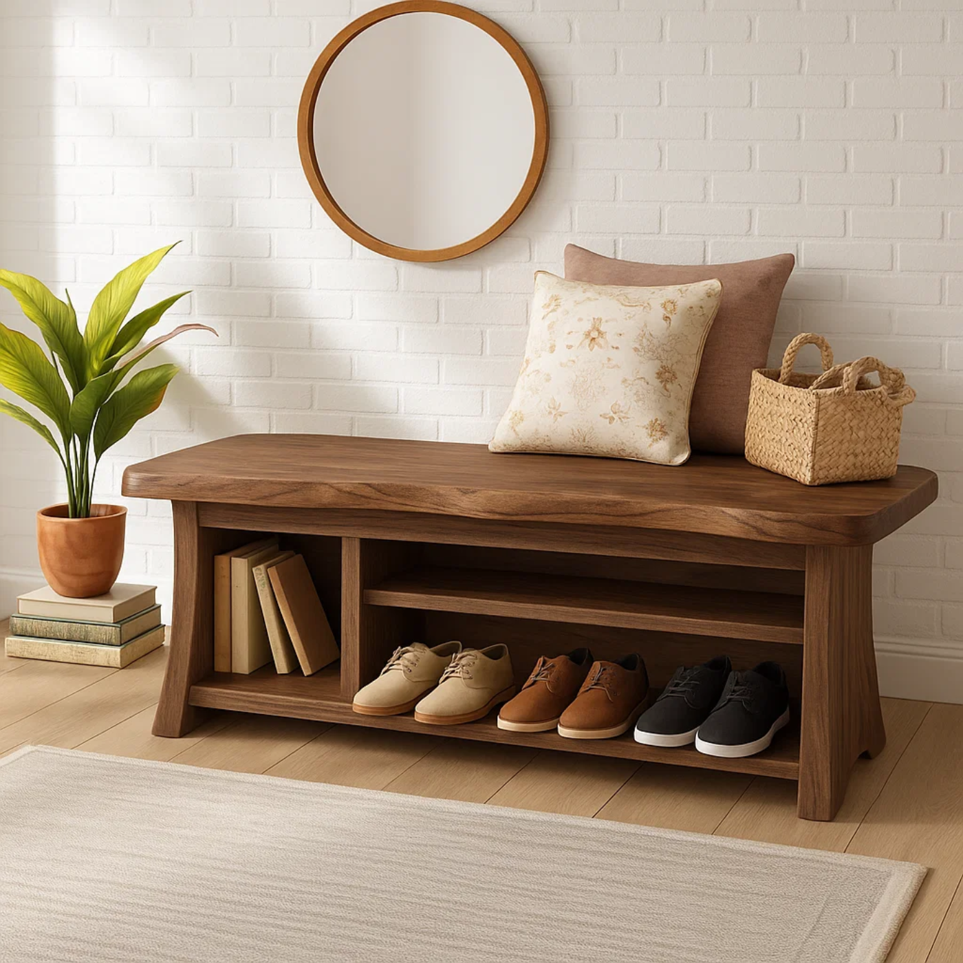 Handcrafted Solid Wood Walnut Bench – Organic Design with Integrated Shelving Lynnsnail