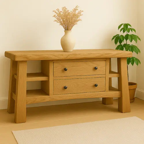 Handcrafted Solid Wood Console Table – Modern Rustic Oak with Drawers and Side Shelves Lynnsnail