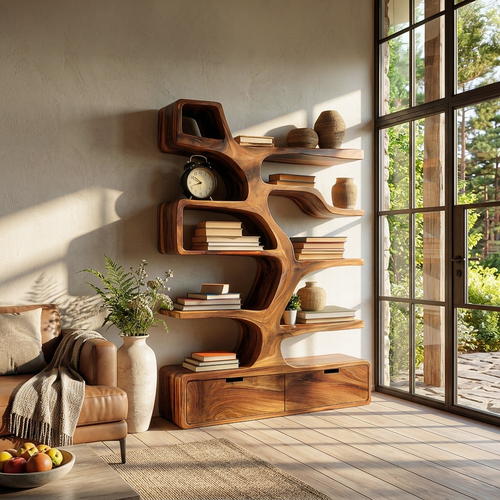 Contemporary Wooden Bookshelf Sculpted Design For Living Space Lynnsnail