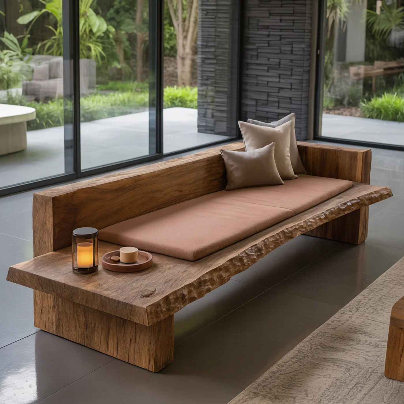 Handcrafted Solid Wood Sofa – Rustic Live Edge Bench Couch with Minimalist Design and Natural Finish