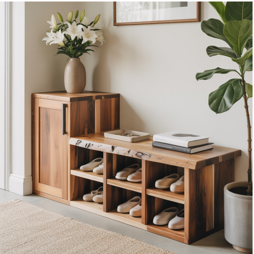 Handcrafted Solid Wood Bench - Live-Edge Entryway Shoe Storage Cabinet Lynnsnail