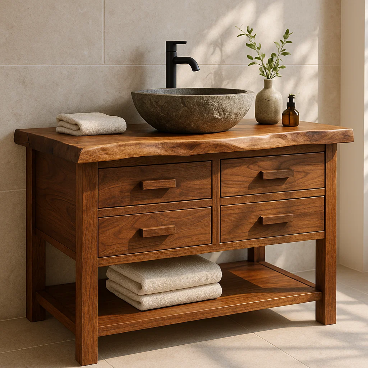 Handcrafted Solid Wood Bathroom Vanity with Live Edge Top and 4 Drawers Lynnsnail