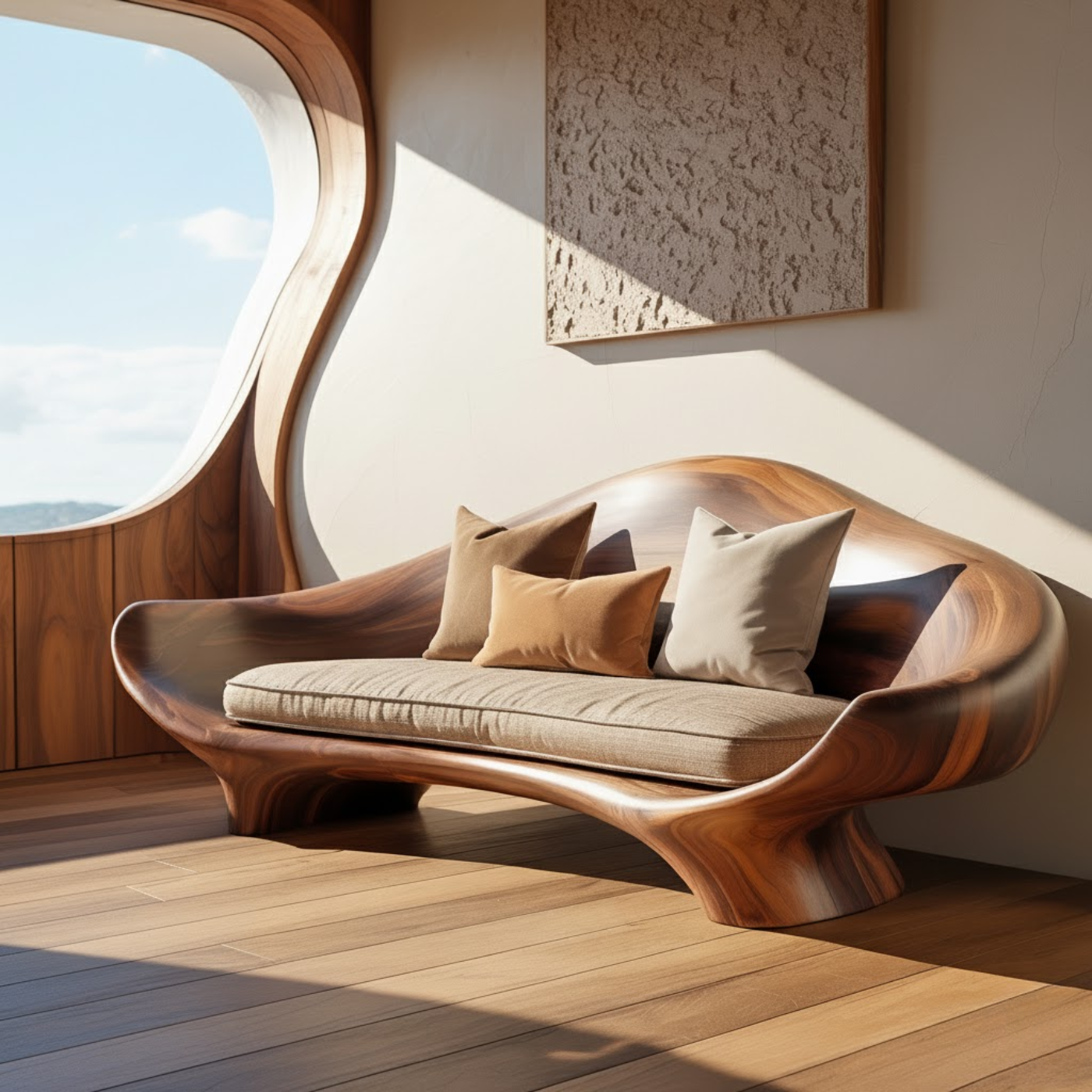 Handcrafted Solid Wood Sofa – Sculptural Organic Wood Couch with Smooth Curves and Linen Cushion Lynnsnail