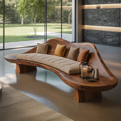 Handcrafted Solid Wood Sofa – Sculptural Wave-Form Wood Couch with Organic Curves and Cushion Seat Lynnsnail
