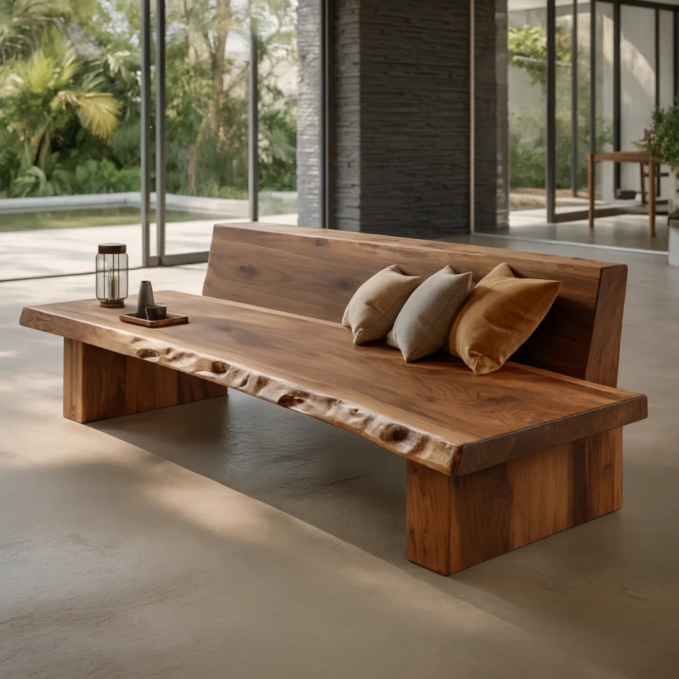 Handcrafted Solid Wood Sofa – Sculptural Organic Form with Smooth Curves and Elegant Cushion Detailing