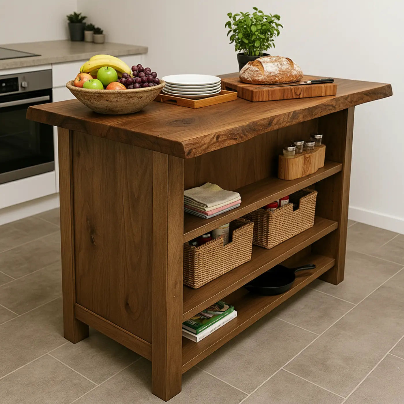 Handcrafted Solid Wood Kitchen Island - Rustic Live Edge & Open Shelves Lynnsnail