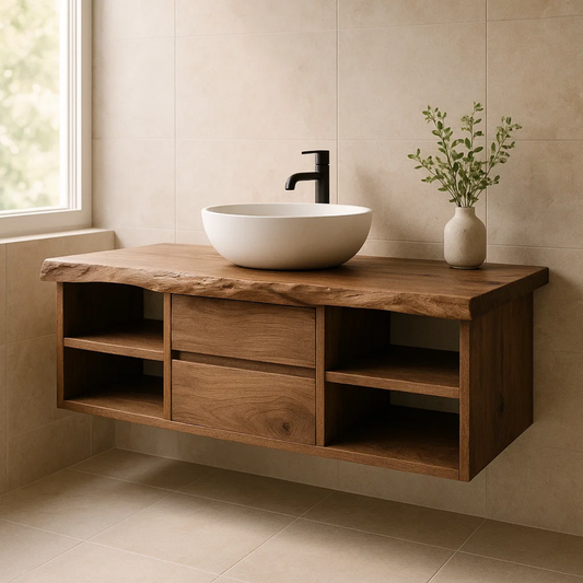 Handcrafted Solid Wood Floating Vanity - Live Edge Console with Central Drawers & Open Shelving Lynnsnail
