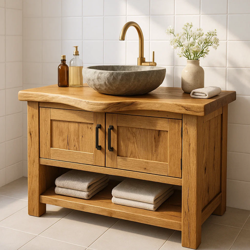 Handcrafted Solid Wood Bathroom Vanity - Rustic Live Edge Cabinet & Open Shelf Lynnsnail