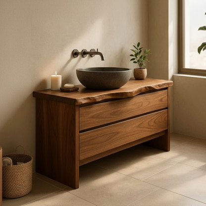 Handcrafted Solid Wood Bathroom Vanity with Live Edge Top - Rustic Modern Washstand Lynnsnail