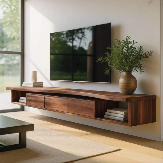 Handcrafted Solid Wood Floating TV Stand, Modern Live Edge Media Cabinet with Drawers Lynnsnail