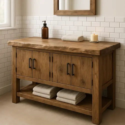 Handcrafted Solid Wood Bathroom Vanity – Live Edge Top with Four Doors & Open Shelf Lynnsnail