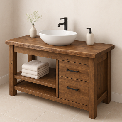Handcrafted Solid Wood Bathroom Vanity – Rustic Live Edge Countertop with 2 Drawers & Open Shelf – Farmhouse Natural Finish Lynnsnail