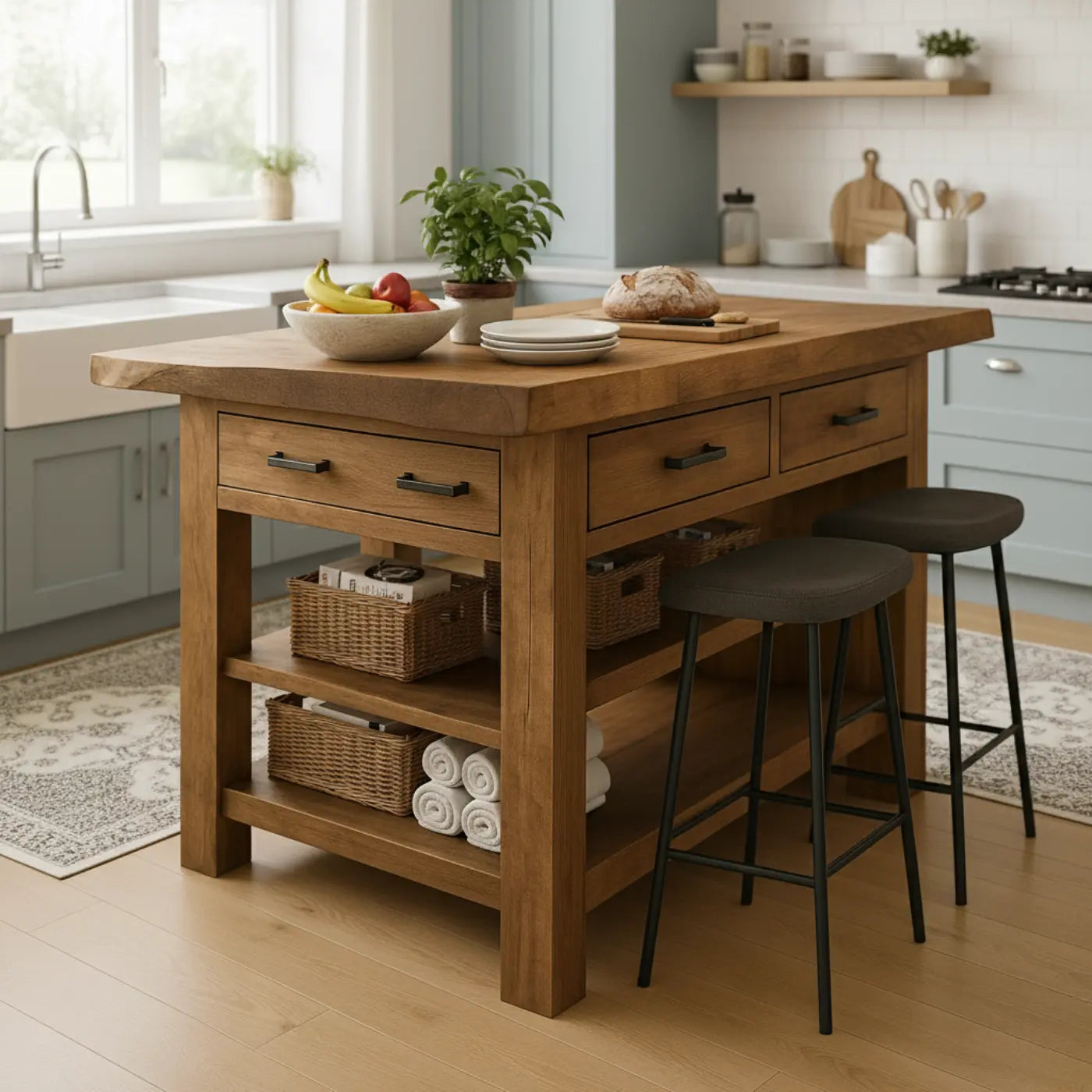 Handcrafted Solid Wood Kitchen Island - Rustic Top, Drawers & Open Shelving Lynnsnail