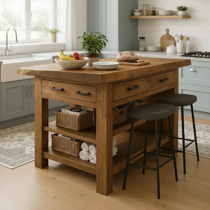 Handcrafted Solid Wood Kitchen Island - Rustic Top, Drawers & Open Shelving Lynnsnail