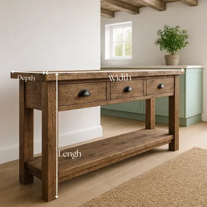Rustic Solid Wood Console Table with Black Iron Handles, Handcrafted Lynnsnail