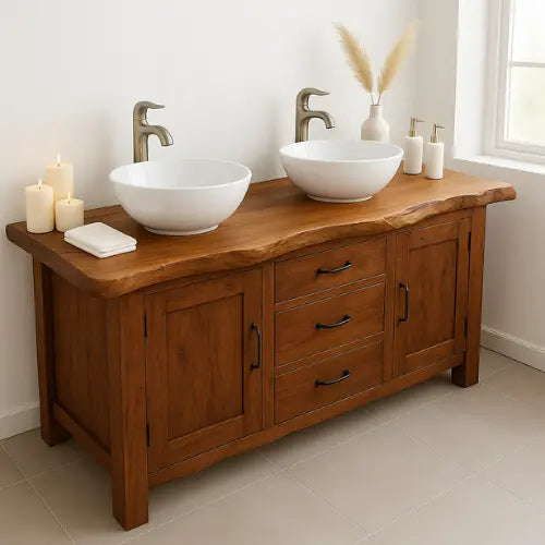 Handcrafted Double Sink Bathroom Vanity – Solid Wood Live Edge Countertop with Drawers & Cabinets – Rustic Modern Design for Natural Interiors Lynnsnail