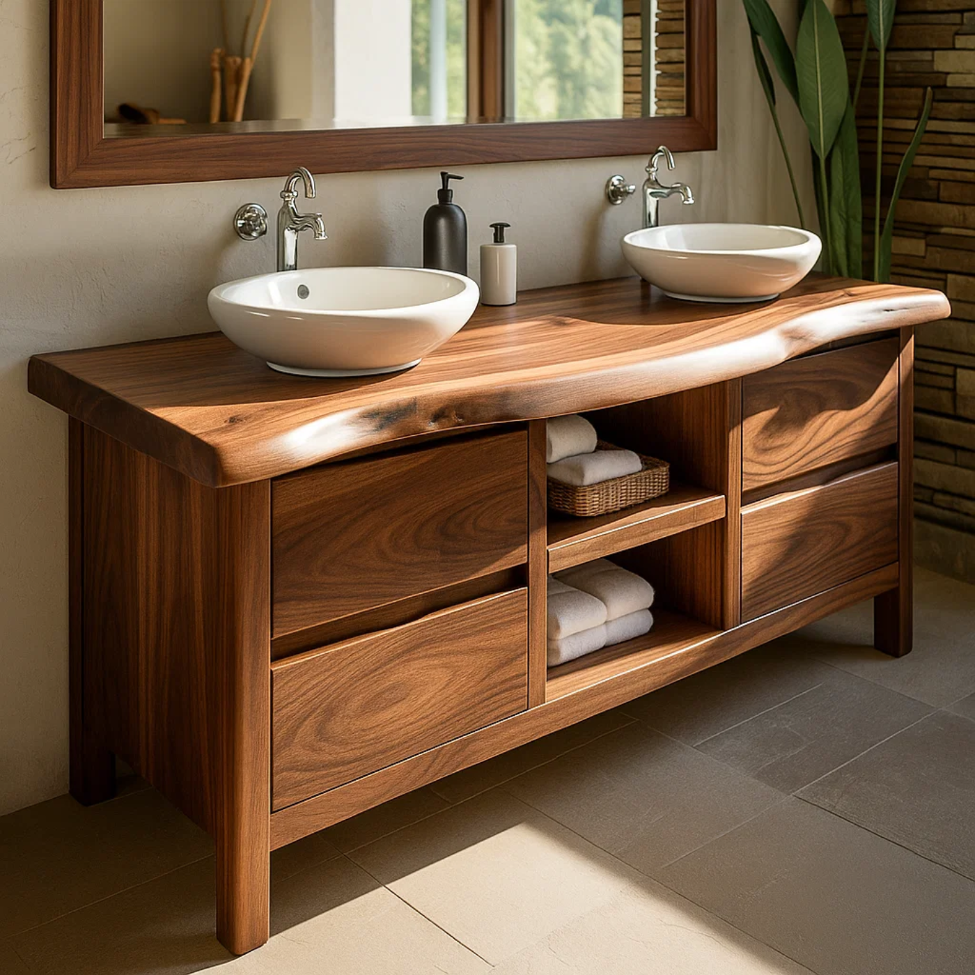 Handcrafted Solid Wood Bathroom Vanity - Live Edge Walnut, Drawers & Open Shelving Lynnsnail