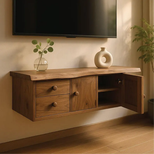 Handcrafted Solid Wood Floating TV Stand, Live Edge Media Console with Cabinet & Drawers Lynnsnail