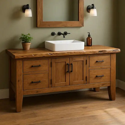 Handcrafted Rustic Solid Wood Bathroom Vanity – Live Edge Top with Four Drawers and Center Cabinet Lynnsnail