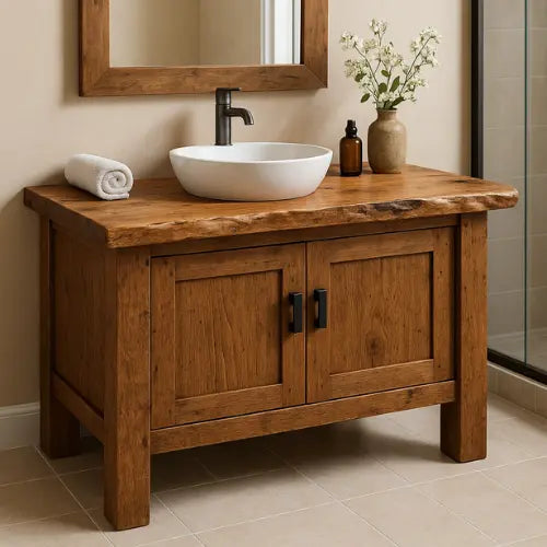 Handcrafted Solid Wood Bathroom Vanity – Live Edge Countertop with Double Door Storage Lynnsnail