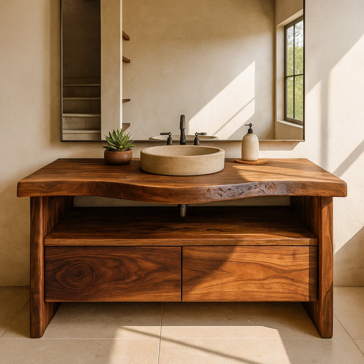 Handcrafted Solid Wood Bathroom Vanity with Live-Edge Walnut Top and Modern Storage Drawers Lynnsnail
