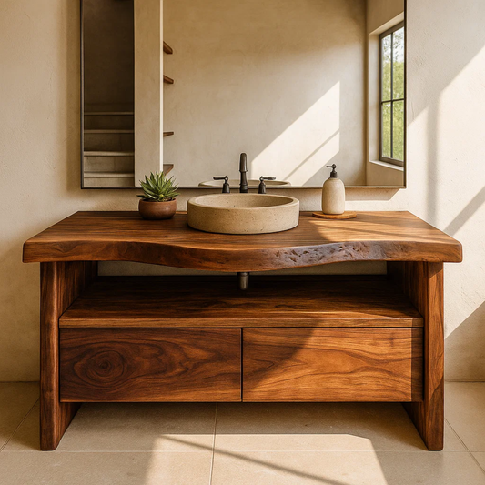 Handcrafted Solid Wood Bathroom Vanity with Live-Edge Walnut Top and Modern Storage Drawers Lynnsnail
