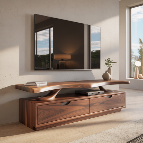 Handcrafted Solid Wood TV Stand with Sculpted Live-Edge Floating Shelf Lynnsnail