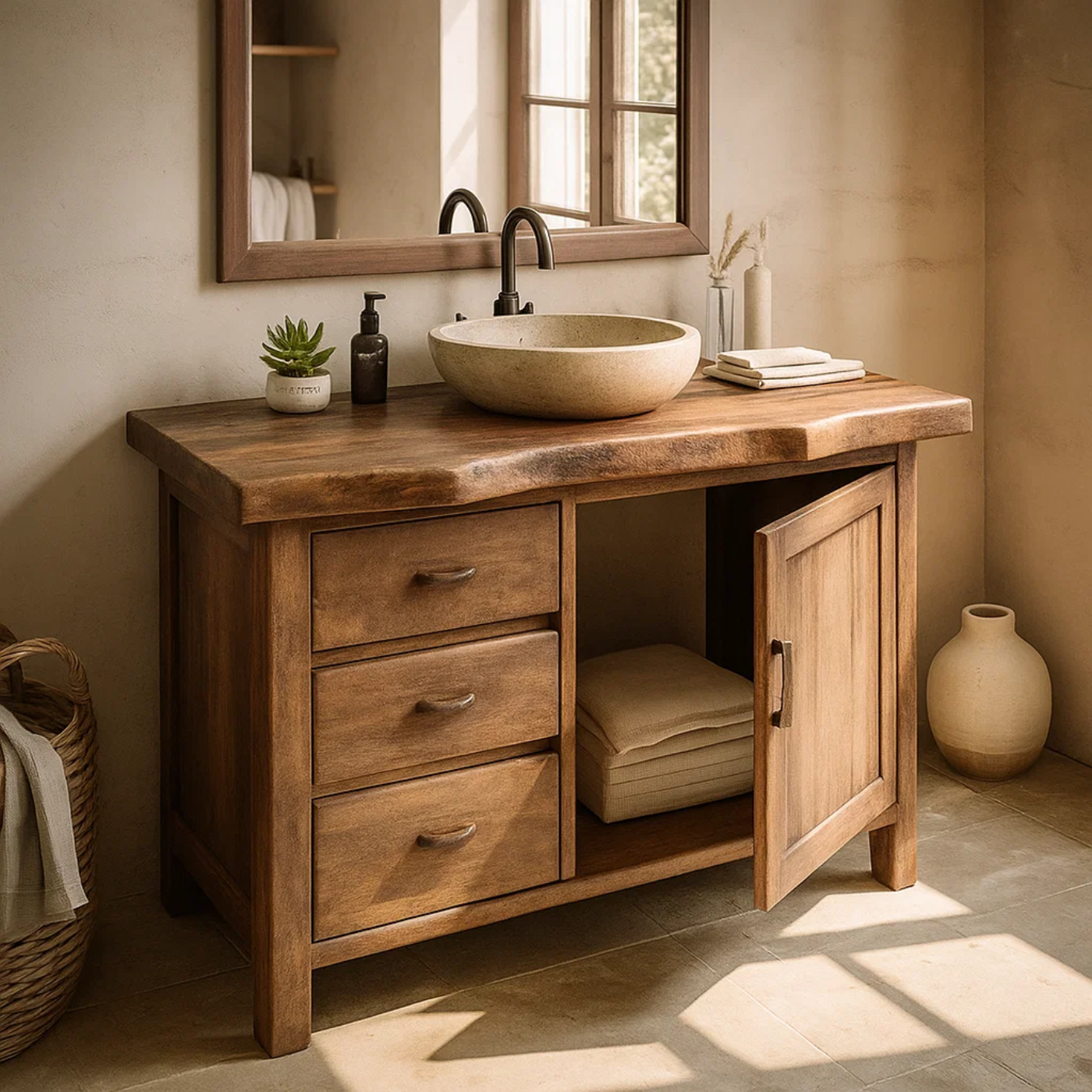 Handcrafted Solid Wood Bathroom Vanity with Live-Edge Top and Storage Drawers Lynnsnail