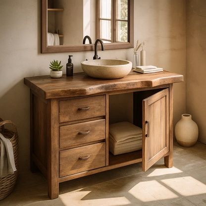 Handcrafted Solid Wood Bathroom Vanity with Live-Edge Top and Storage Drawers Lynnsnail