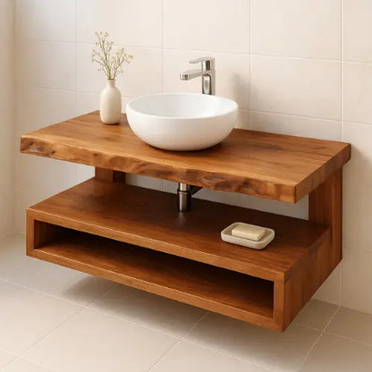 Handcrafted Floating Solid Wood Bathroom Vanity – Rustic Live Edge Countertop with Open Shelf – Modern Minimalist Design Lynnsnail