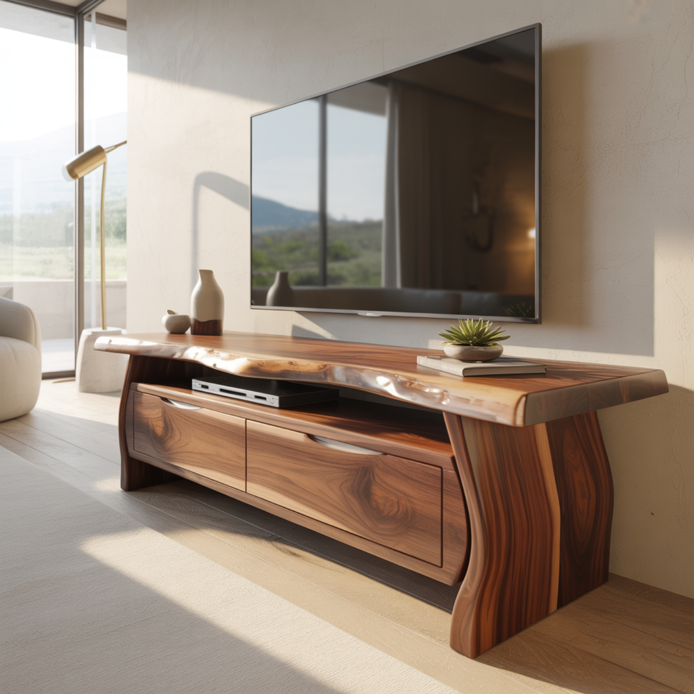 Handcrafted Live-Edge Solid Wood TV Stand with Sculpted Curved Base Lynnsnail