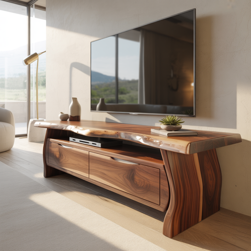 Handcrafted Live-Edge Solid Wood TV Stand with Sculpted Curved Base Lynnsnail
