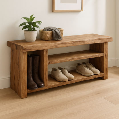 Handcrafted Solid Wood Bench – Natural Rustic Seating and Multi-Tier Storage Lynnsnail