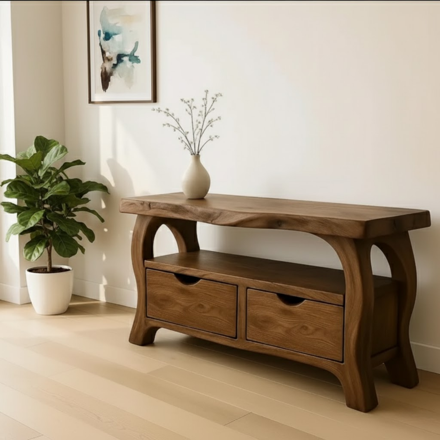 Handcrafted Solid Wood TV Stand with Drawers – Modern Organic Media Console Lynnsnail
