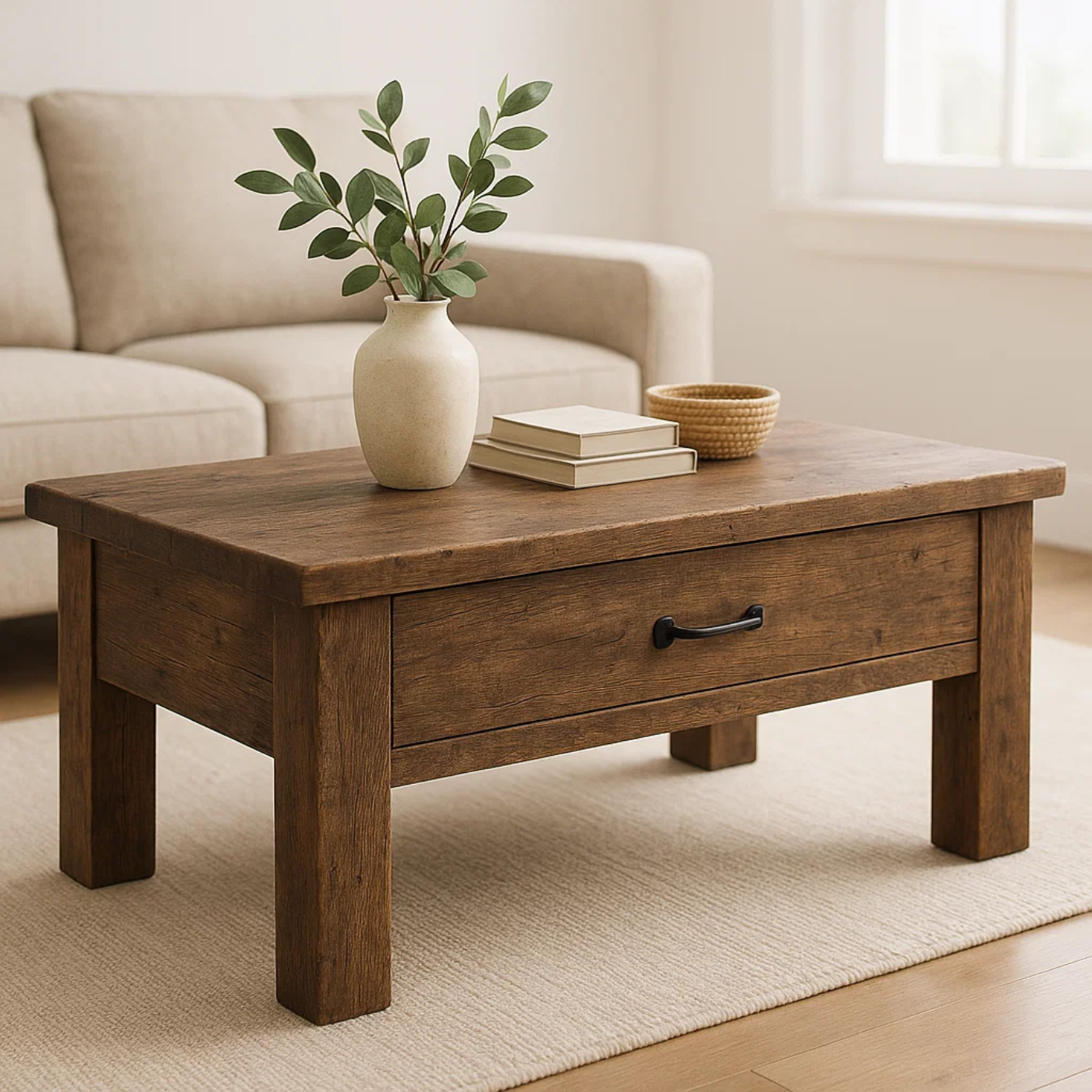 Handcrafted Solid Wood Coffee Table – Rustic Modern Storage with Single Drawer Lynnsnail
