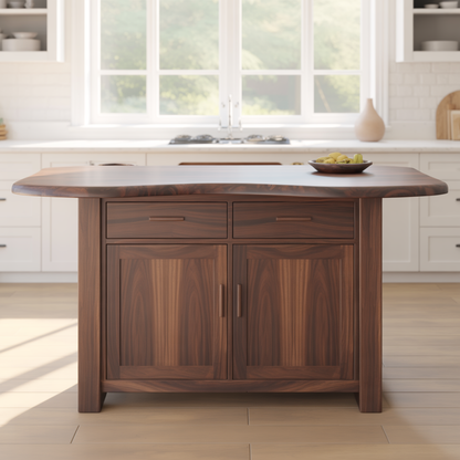 Handcrafted Solid Wood Kitchen Island with Live-Edge Curved Top and Spacious Storage Lynnsnail