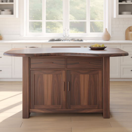 Handcrafted Solid Wood Kitchen Island with Live-Edge Curved Top and Spacious Storage Lynnsnail