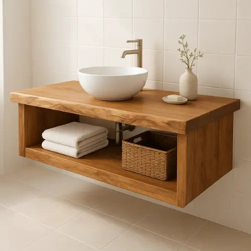 Handcrafted Floating Solid Wood Bathroom Vanity – Live Edge Countertop with Open Storage Shelf – Minimalist Natural Design Lynnsnail