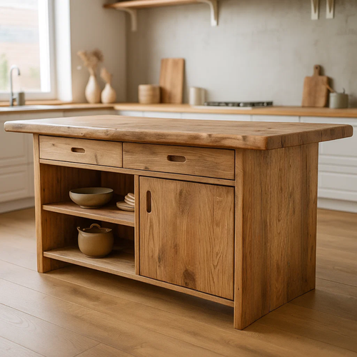 Handcrafted Solid Wood Kitchen Island with Open Shelves and Sliding-Door Storage Lynnsnail
