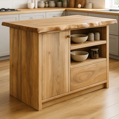 Handcrafted Solid Wood Kitchen Island with Live-Edge Top and Open Storage Shelves Lynnsnail