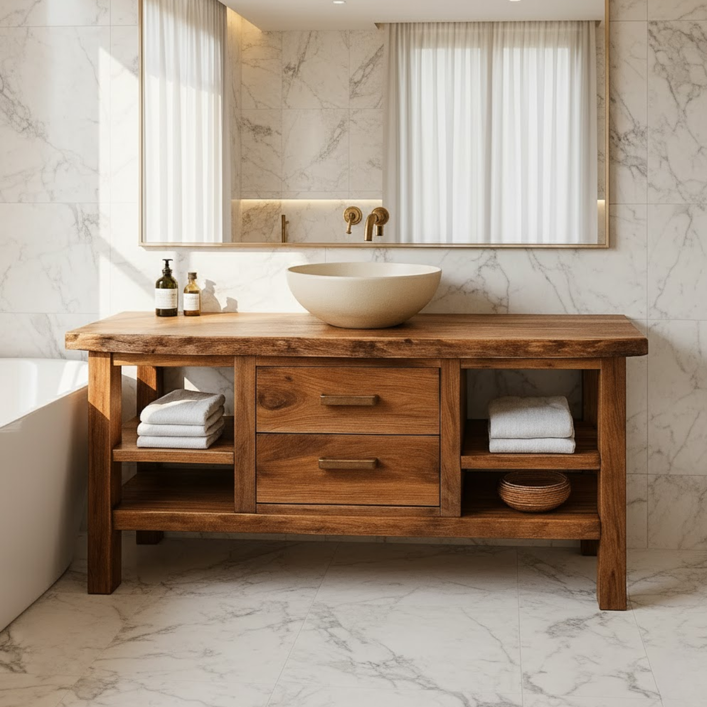 Handcrafted Solid Wood Bathroom Vanity - Live Edge Top, 2 Drawers & Open Frame Shelving Lynnsnail