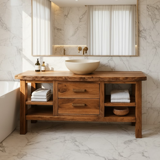 Handcrafted Solid Wood Bathroom Vanity - Live Edge Top, 2 Drawers & Open Frame Shelving Lynnsnail