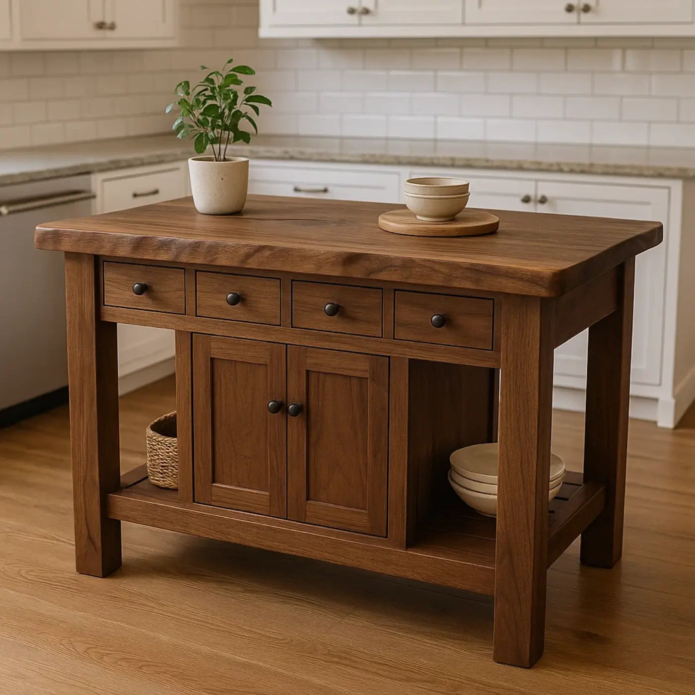 Handcrafted Solid Wood Kitchen Island - 4 Drawers & Cabinet Storage Lynnsnail
