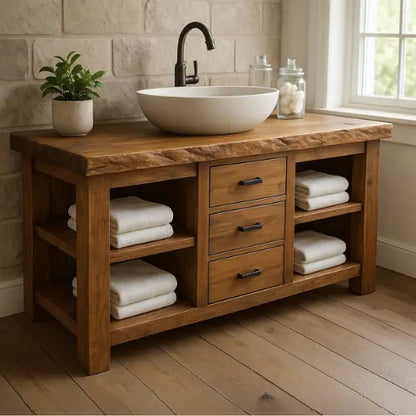 Handcrafted Solid Wood Bathroom Vanity – Live Edge Top with 3 Drawers & Open Shelving Lynnsnail