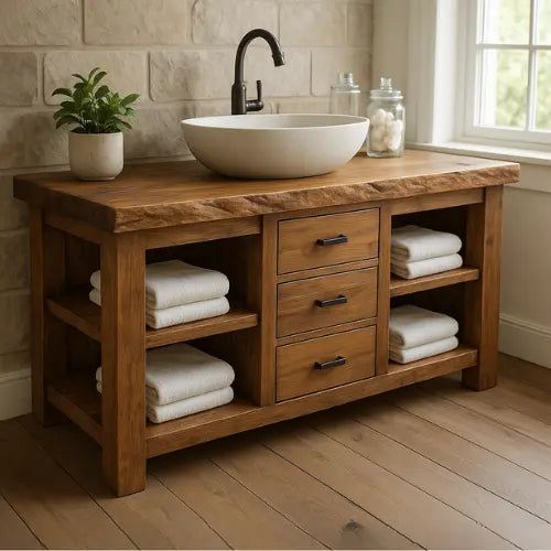 Handcrafted Solid Wood Bathroom Vanity – Live Edge Top with 3 Drawers & Open Shelving Lynnsnail