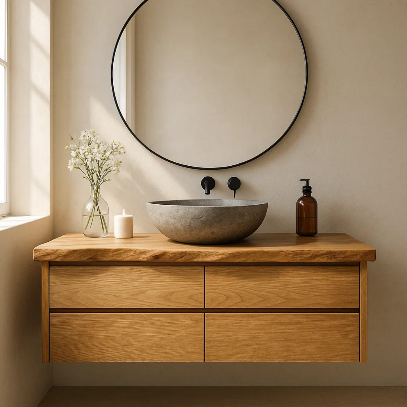 Handcrafted Solid Wood Floating Bathroom Vanity with Live Edge Top - Minimalist Modern Design Lynnsnail